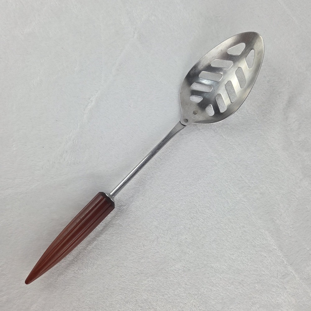 Vintage Androck Slotted Spoon 11.75" Brown Bullet Handle Stainless Steel MCM